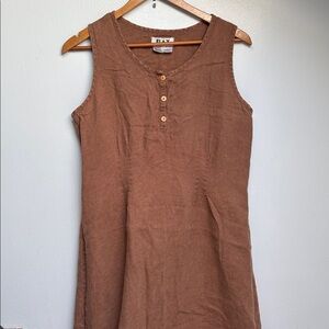 FLAX Brown Linen Button Front Dress, M